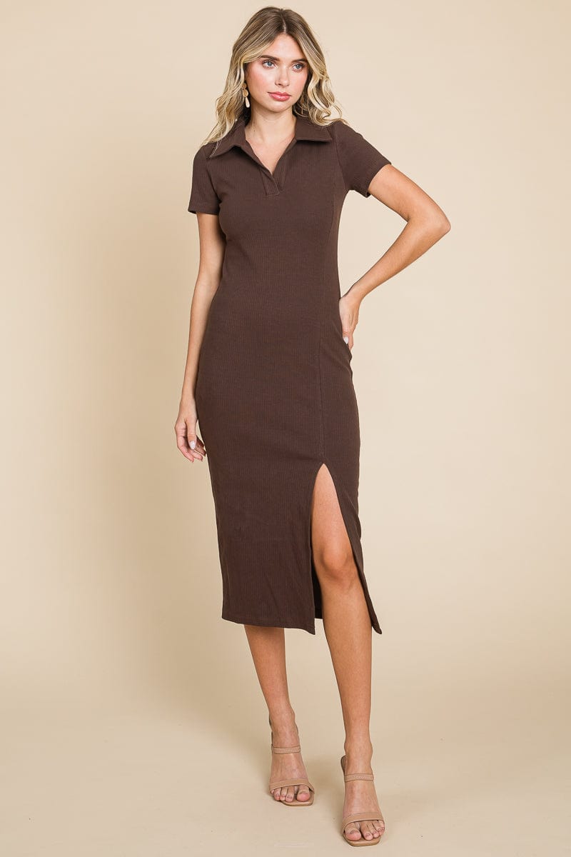 Collared Side Split Ribbed Bodycon Midi Dress