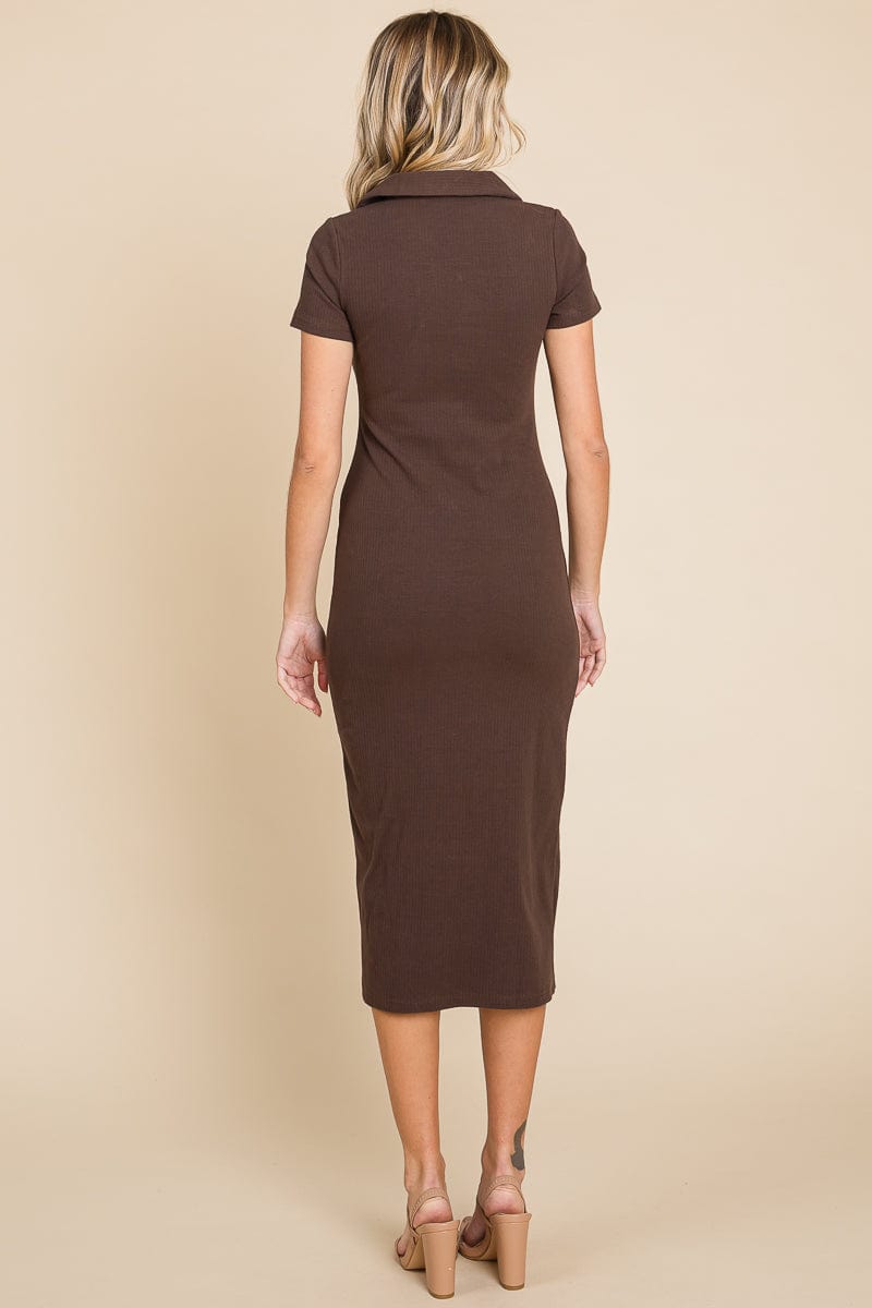 Collared Side Split Ribbed Bodycon Midi Dress