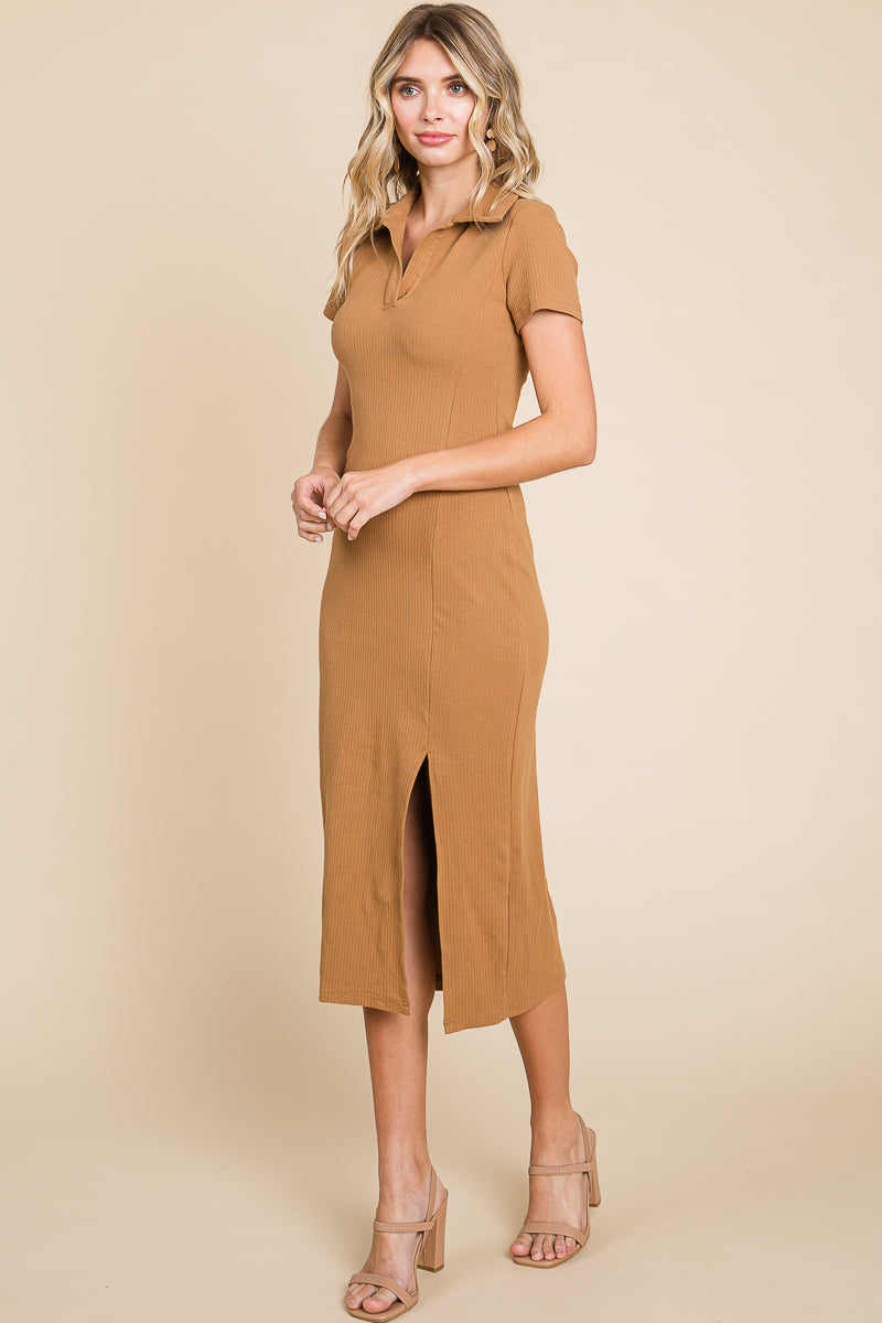 Collared Side Split Ribbed Bodycon Midi Dress