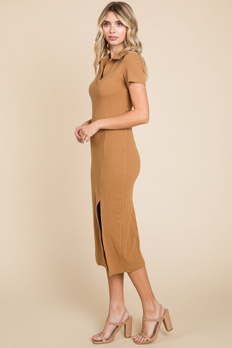 Collared Side Split Ribbed Bodycon Midi Dress