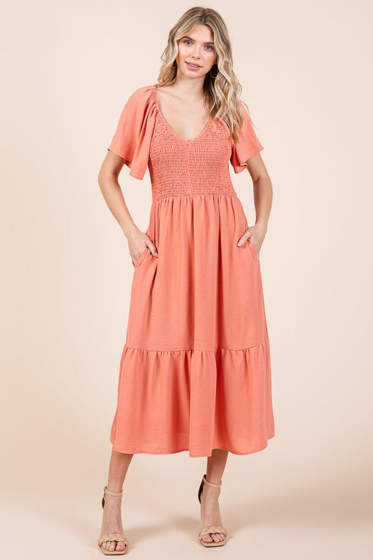 Smocked V Neck Flutter Sleeve Tiered Midi Dress