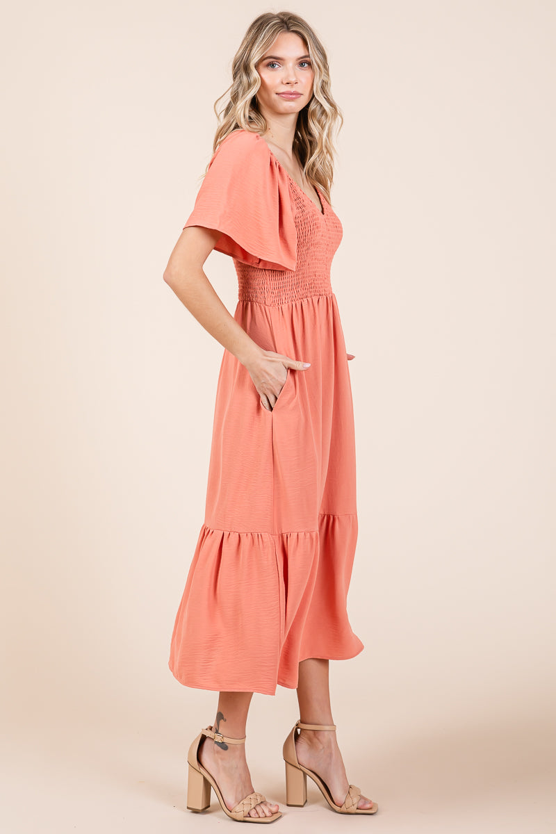 Smocked V Neck Flutter Sleeve Tiered Midi Dress