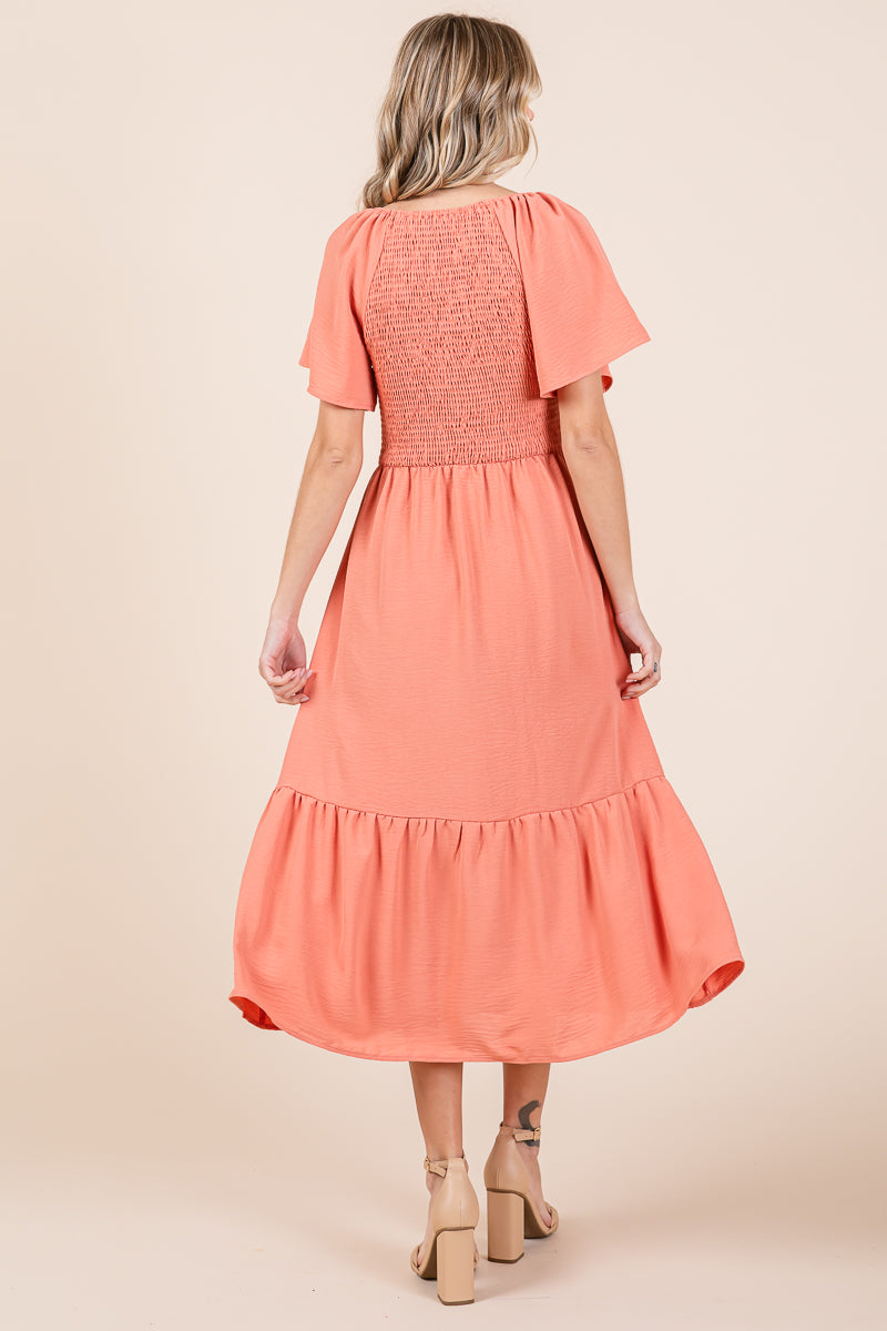 Smocked V Neck Flutter Sleeve Tiered Midi Dress