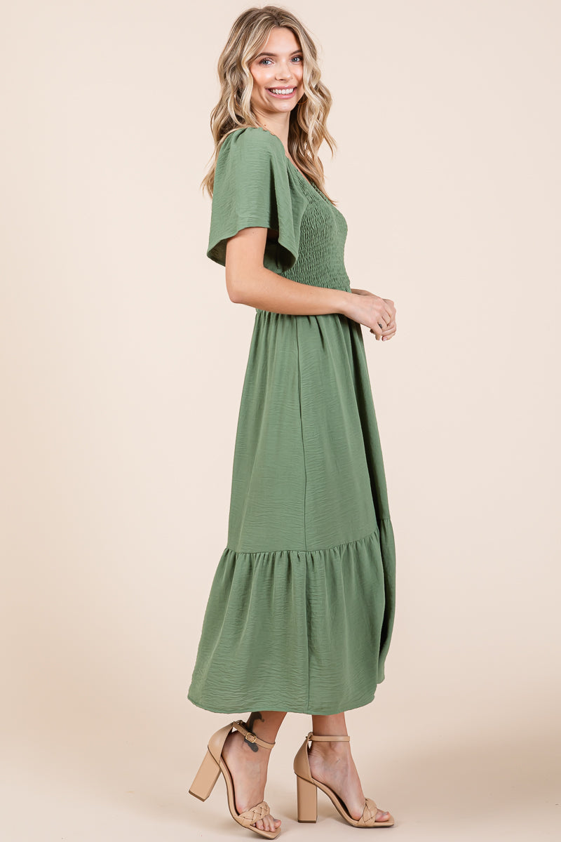 Smocked V Neck Flutter Sleeve Tiered Midi Dress