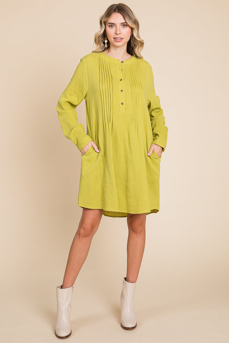 Long Sleeve Double Gauze Henley Tunic Cotton Dress