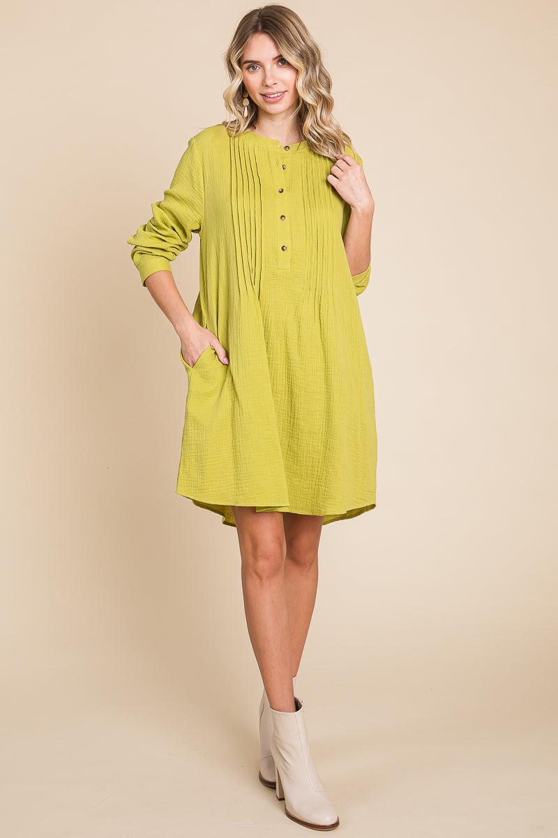 Long Sleeve Double Gauze Henley Tunic Cotton Dress