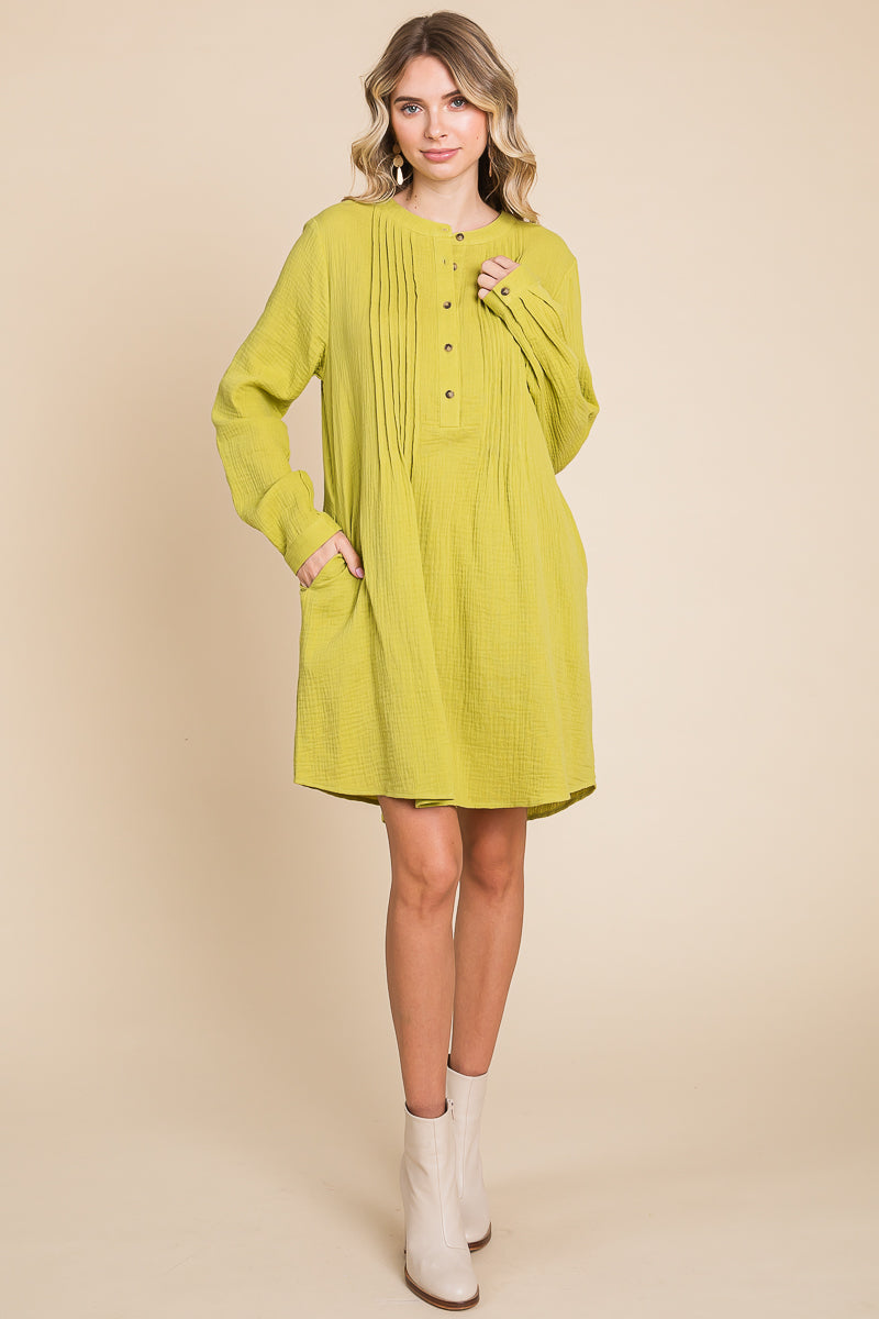 Long Sleeve Double Gauze Henley Tunic Cotton Dress