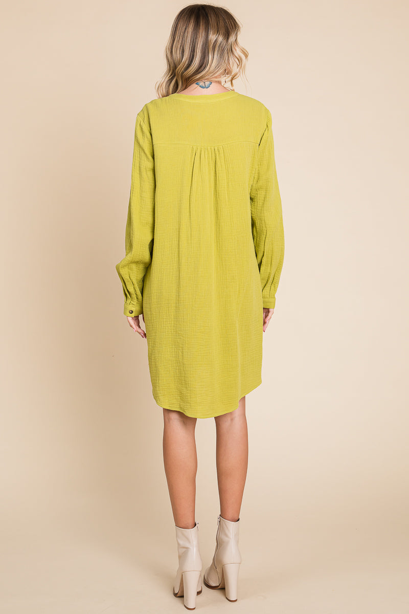 Long Sleeve Double Gauze Henley Tunic Cotton Dress