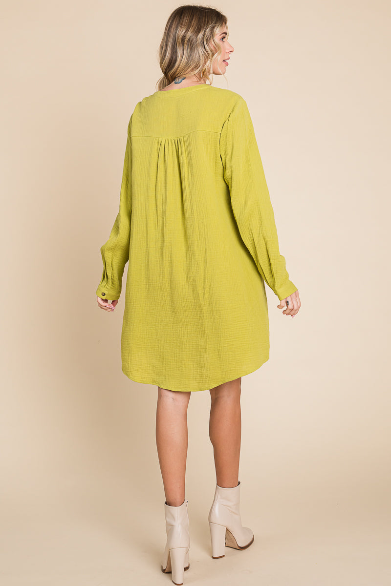 Long Sleeve Double Gauze Henley Tunic Cotton Dress