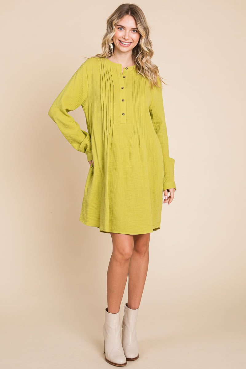 Long Sleeve Double Gauze Henley Tunic Cotton Dress