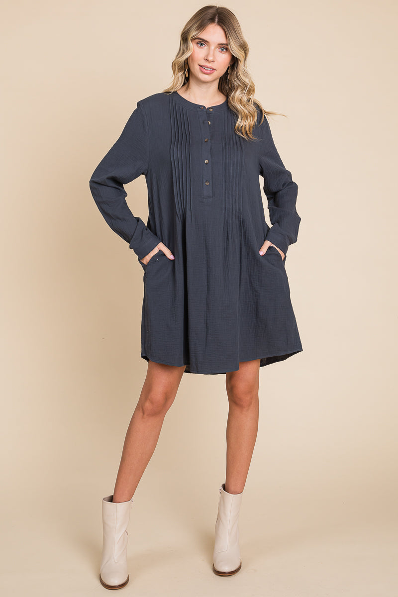 Long Sleeve Double Gauze Henley Tunic Cotton Dress