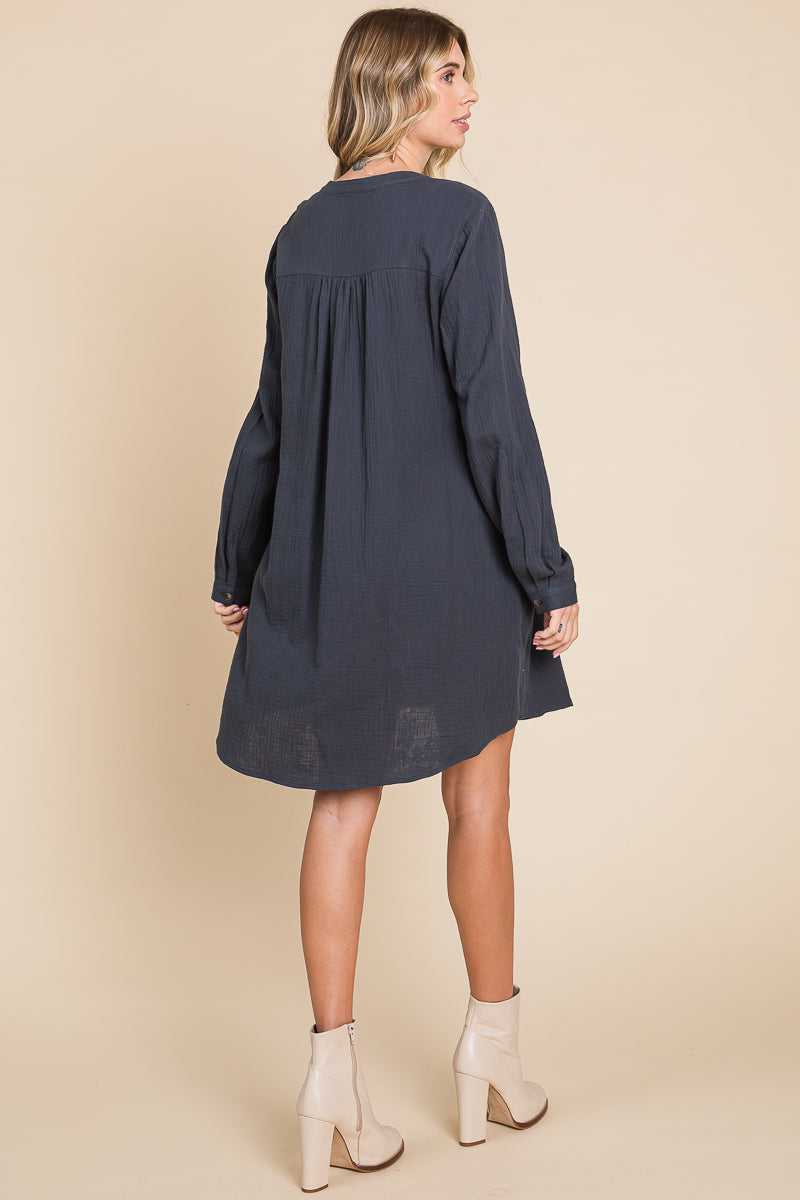 Long Sleeve Double Gauze Henley Tunic Cotton Dress