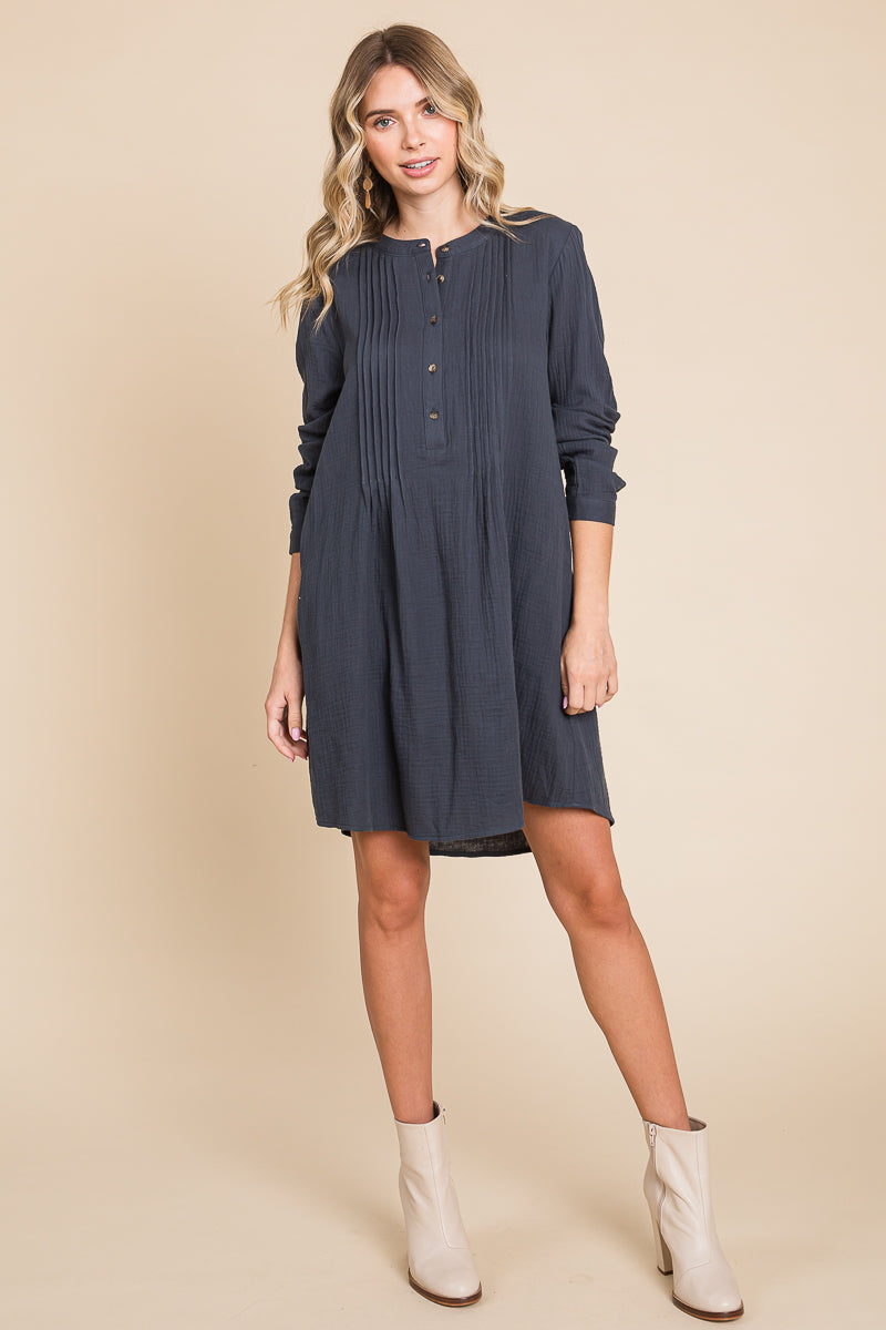 Long Sleeve Double Gauze Henley Tunic Cotton Dress