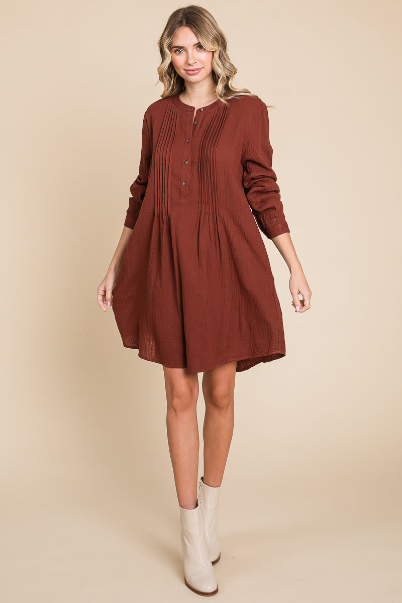 Long Sleeve Double Gauze Henley Tunic Cotton Dress