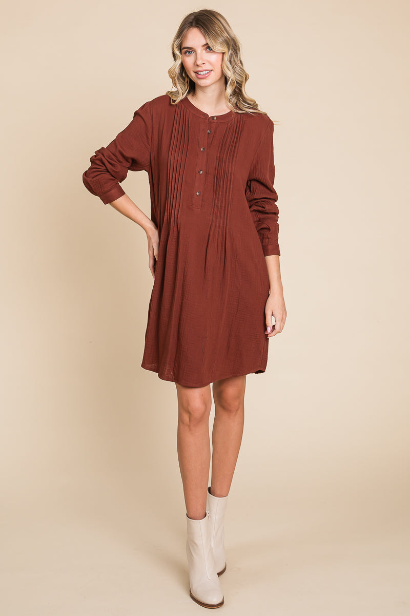 Long Sleeve Double Gauze Henley Tunic Cotton Dress