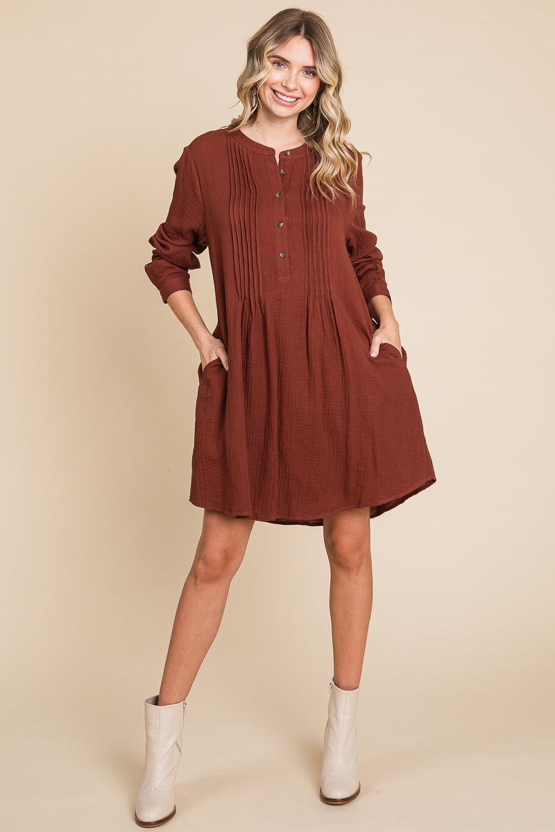 Long Sleeve Double Gauze Henley Tunic Cotton Dress