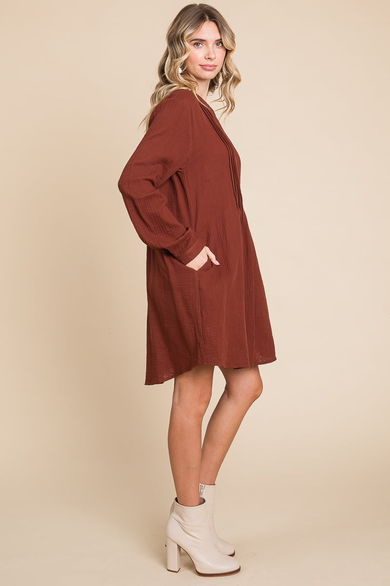 Long Sleeve Double Gauze Henley Tunic Cotton Dress