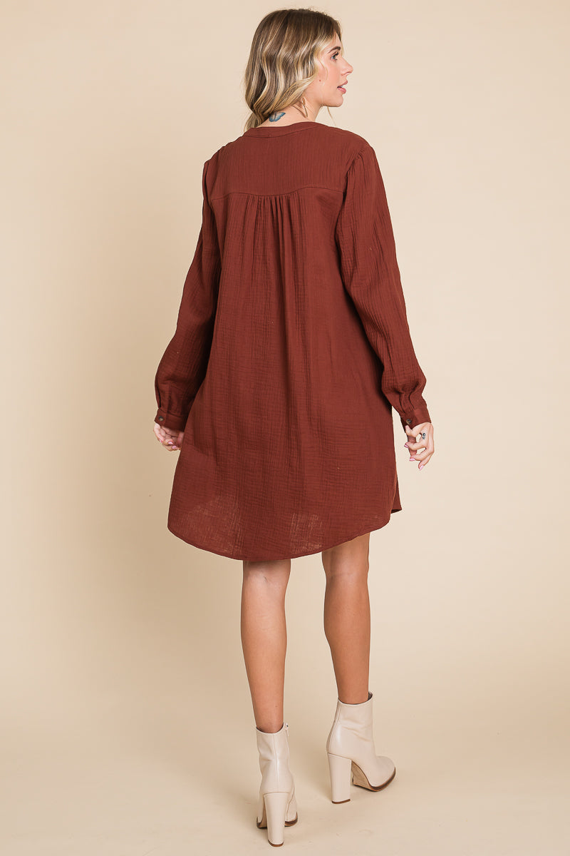 Long Sleeve Double Gauze Henley Tunic Cotton Dress