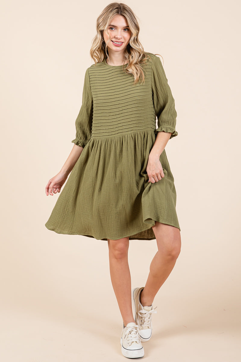 Double Gauze Peasant Sleeve Pintucked Boho Dress