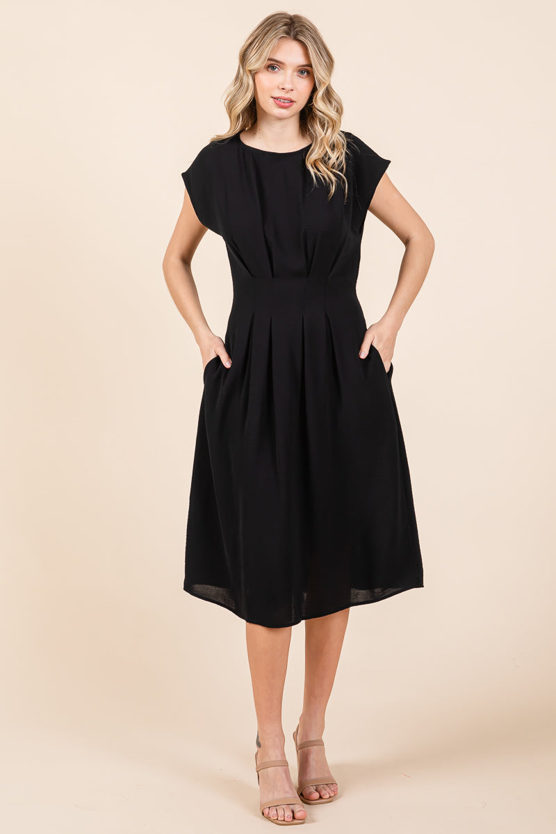 Pleated A Line Cap Sleeve Pocketed Midi Dress