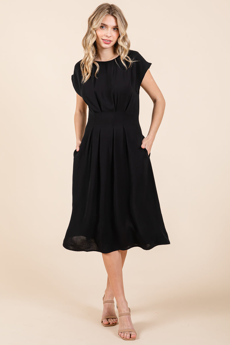 Pleated A Line Cap Sleeve Pocketed Midi Dress