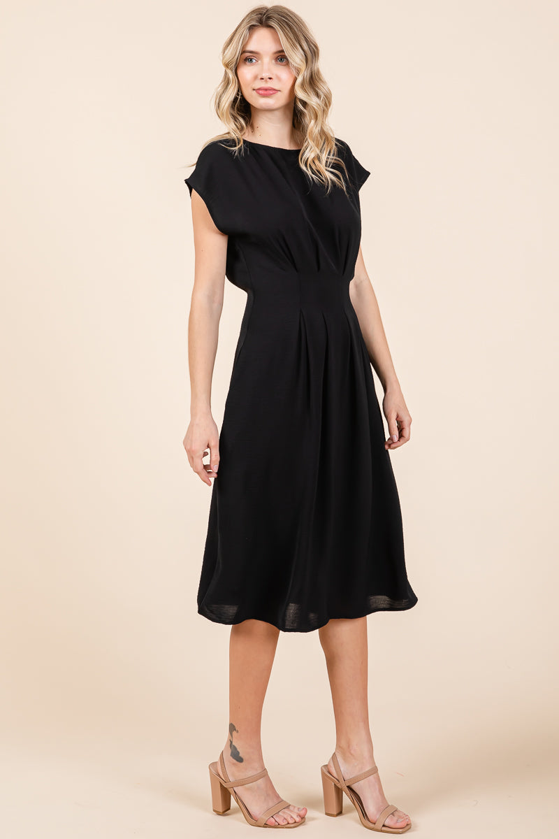 Pleated A Line Cap Sleeve Pocketed Midi Dress