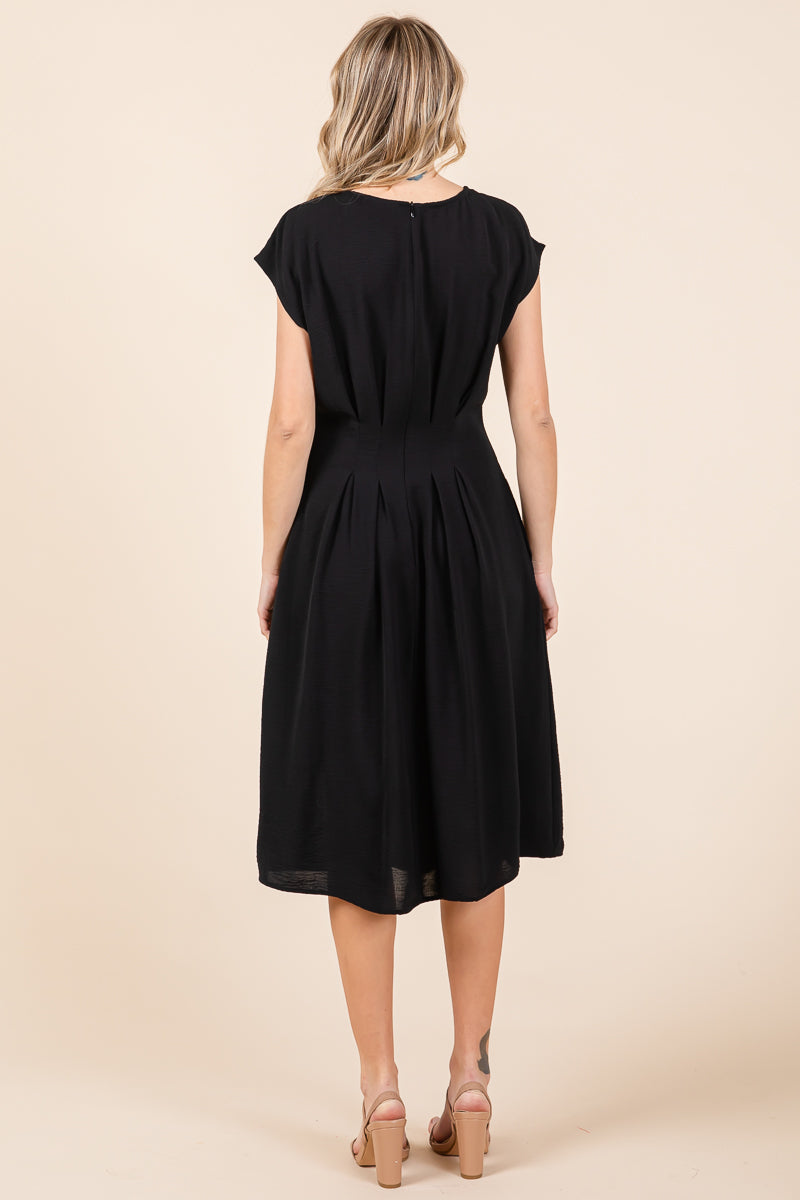 Pleated A Line Cap Sleeve Pocketed Midi Dress