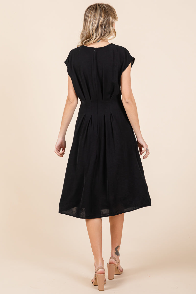 Pleated A Line Cap Sleeve Pocketed Midi Dress