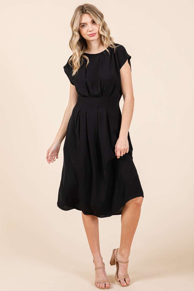 Pleated A Line Cap Sleeve Pocketed Midi Dress