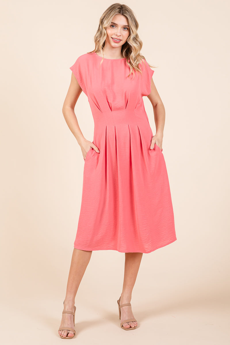 Pleated A Line Cap Sleeve Pocketed Midi Dress