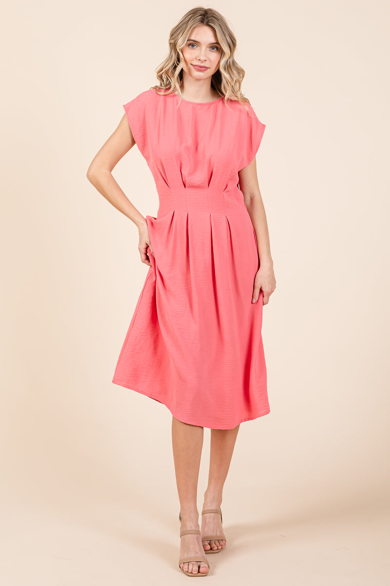 Pleated A Line Cap Sleeve Pocketed Midi Dress