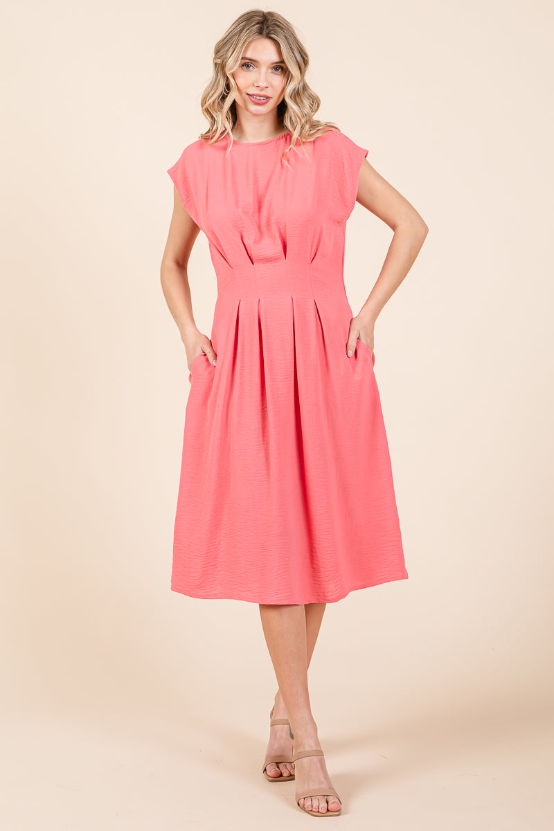 Pleated A Line Cap Sleeve Pocketed Midi Dress