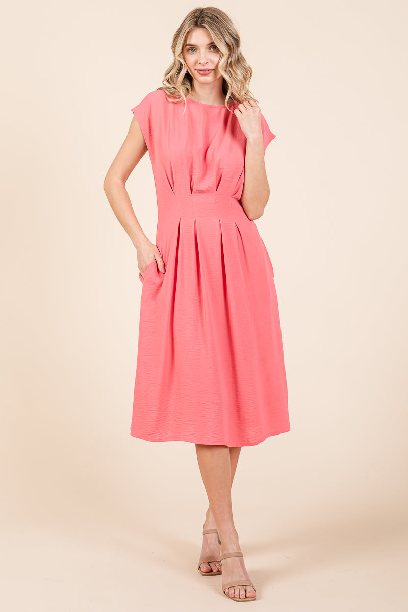 Pleated A Line Cap Sleeve Pocketed Midi Dress