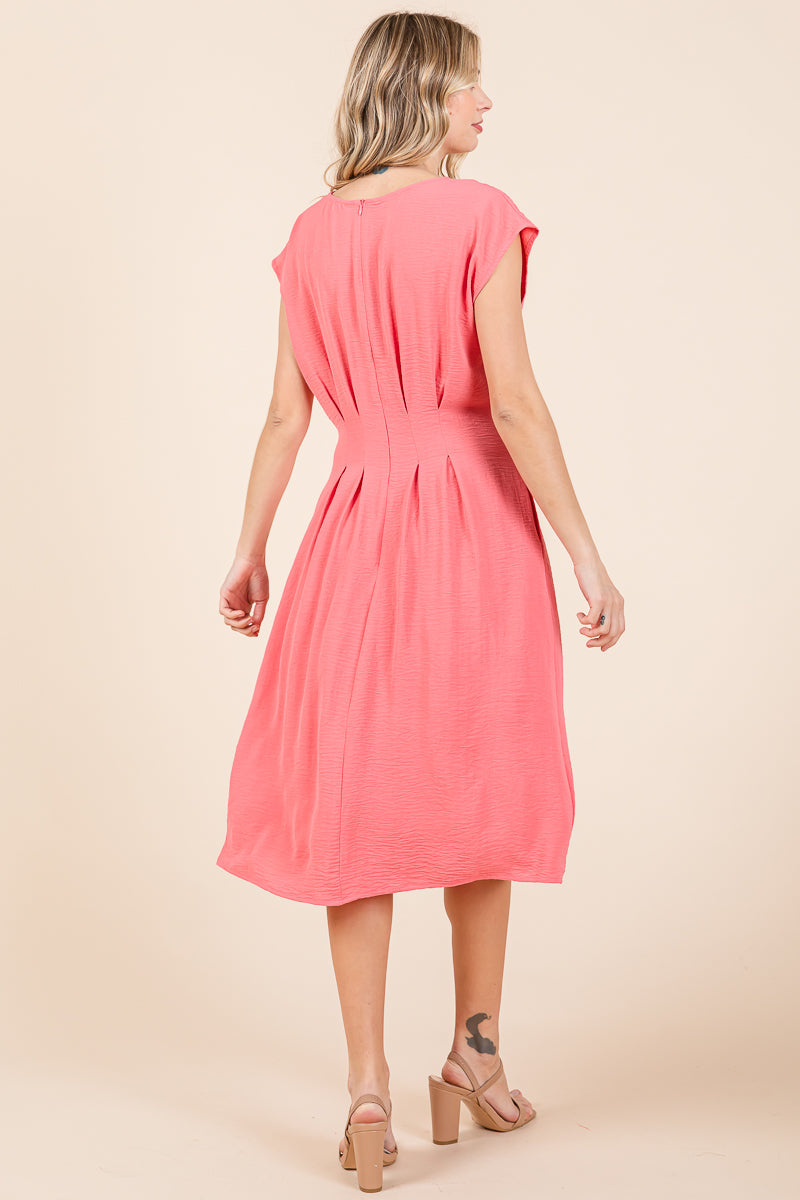 Pleated A Line Cap Sleeve Pocketed Midi Dress