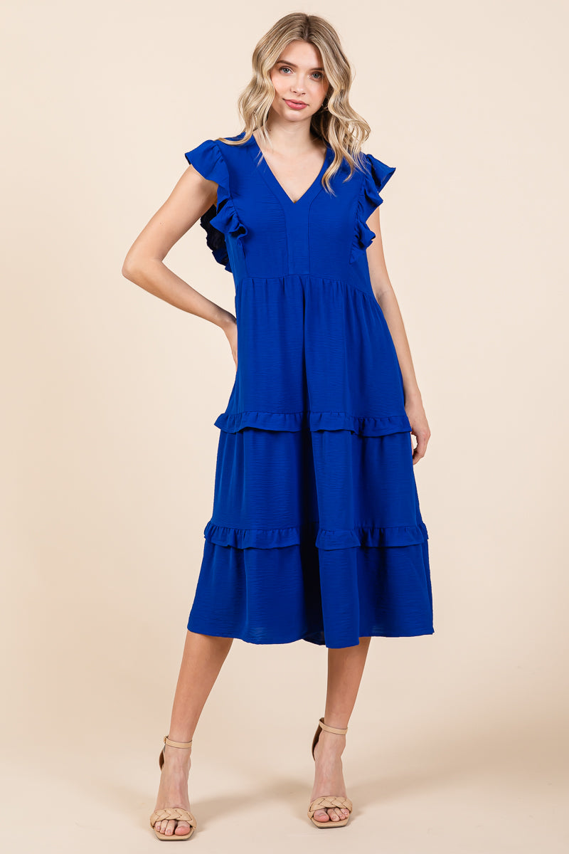 Ruffled Cap Sleeve Tiered V neck Midi dress