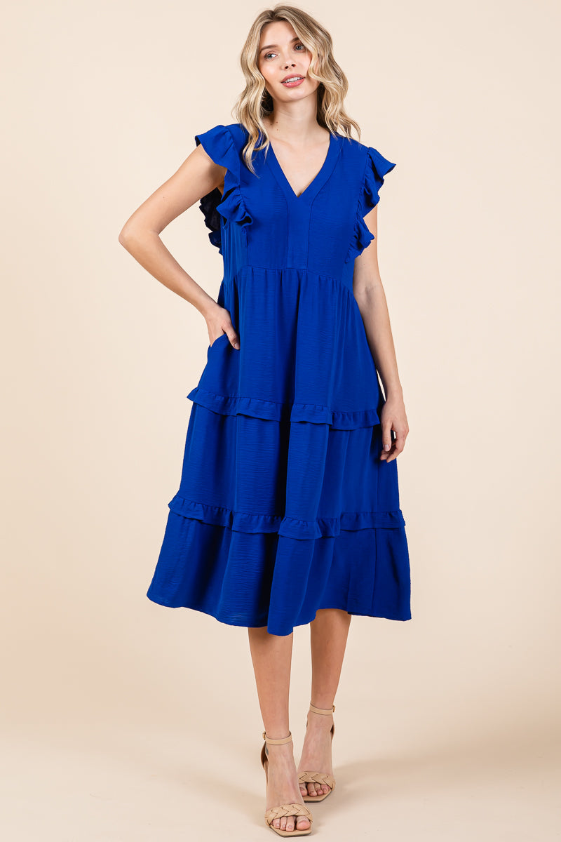 Ruffled Cap Sleeve Tiered V neck Midi dress