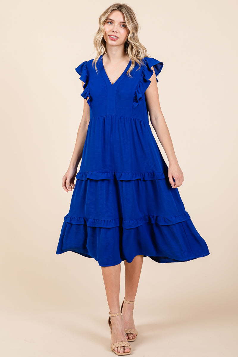 Ruffled Cap Sleeve Tiered V neck Midi dress