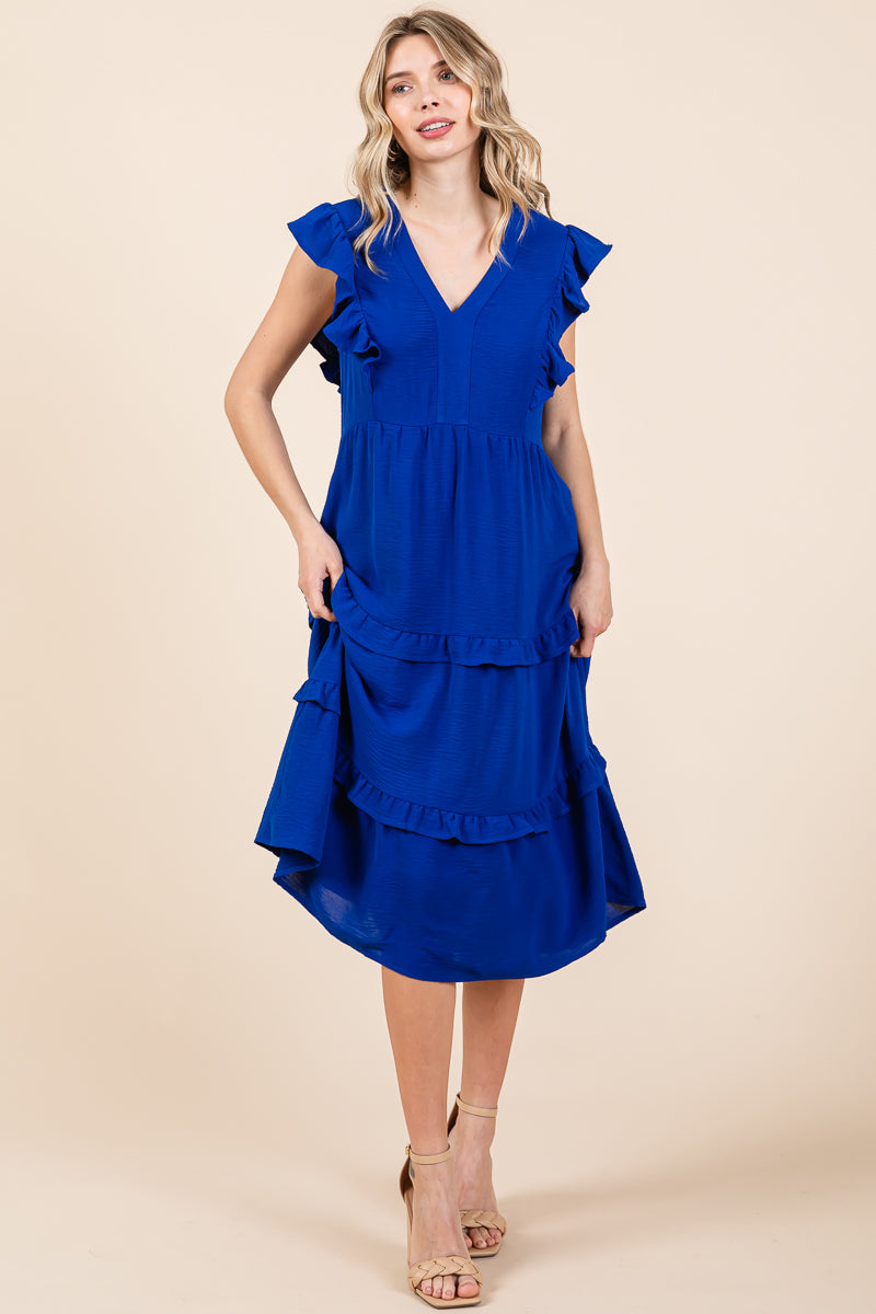 Ruffled Cap Sleeve Tiered V neck Midi dress