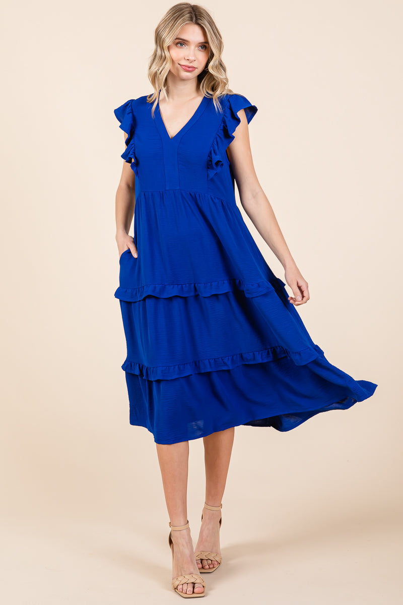 Ruffled Cap Sleeve Tiered V neck Midi dress