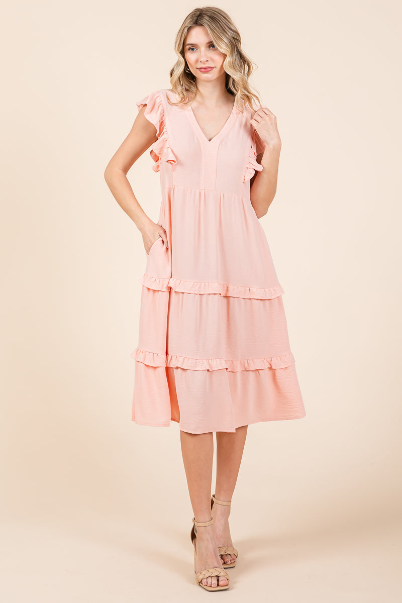 Ruffled Cap Sleeve Tiered V neck Midi dress