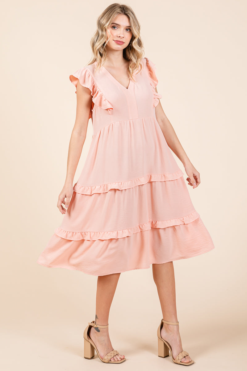 Ruffled Cap Sleeve Tiered V neck Midi dress