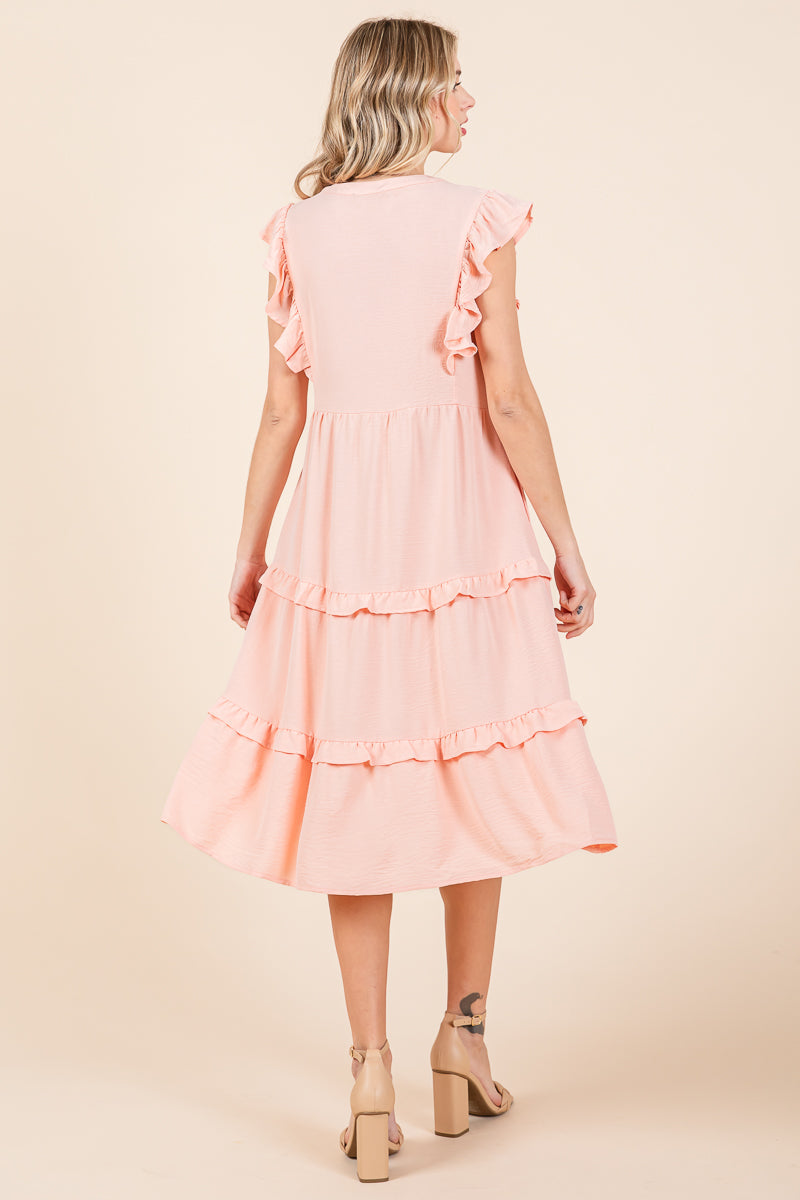 Ruffled Cap Sleeve Tiered V neck Midi dress