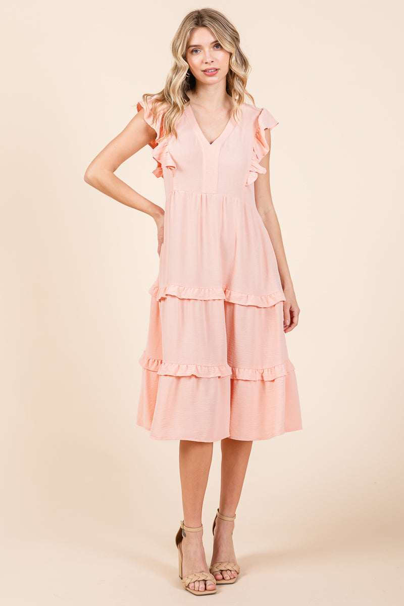 Ruffled Cap Sleeve Tiered V neck Midi dress