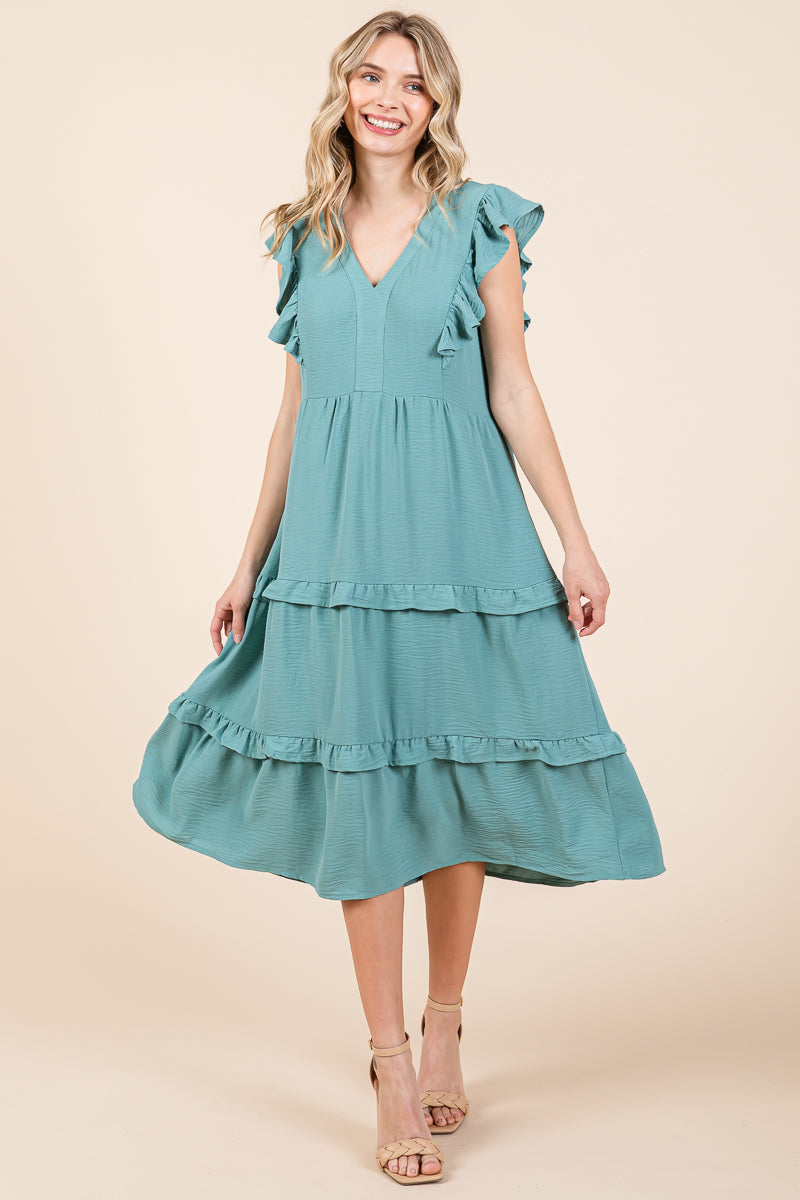 Ruffled Cap Sleeve Tiered V neck Midi dress