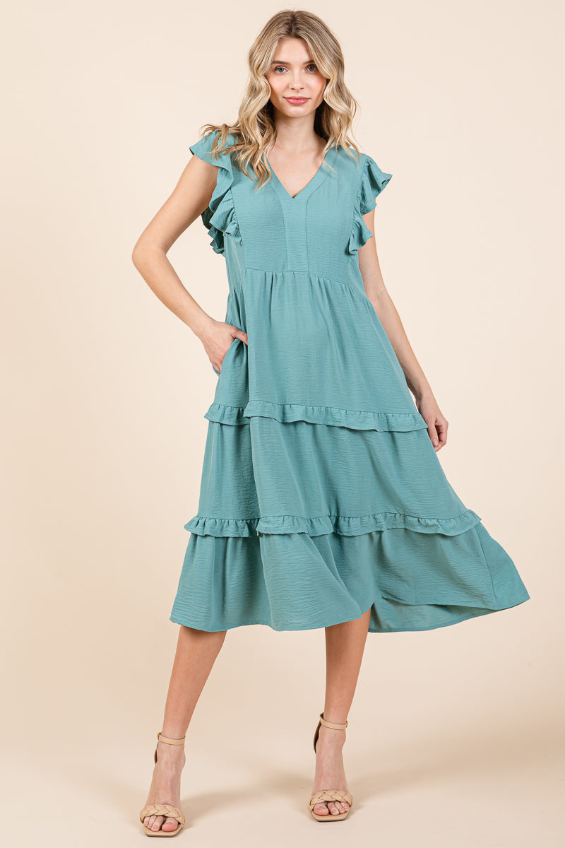 Ruffled Cap Sleeve Tiered V neck Midi dress