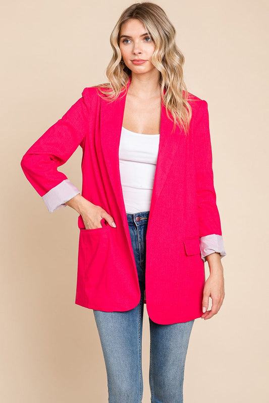 Lapel Neck Solid Pocket Long Sleeve Linen Blazer