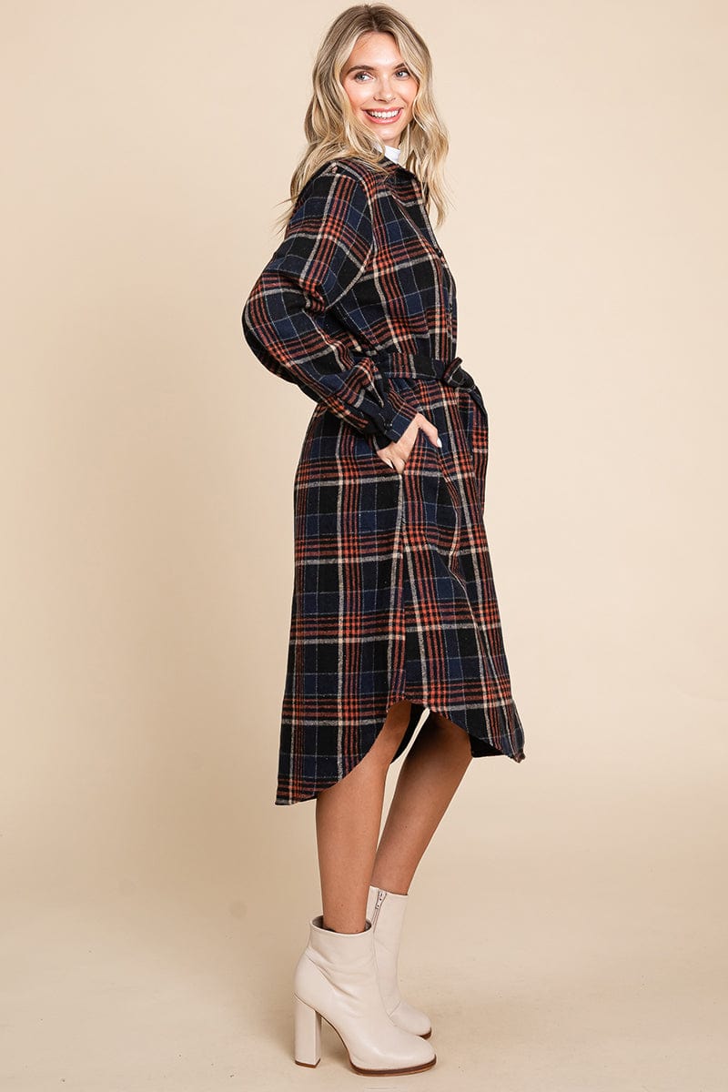 Belted Plaid and Houndstooth Shacket Shirt Dress