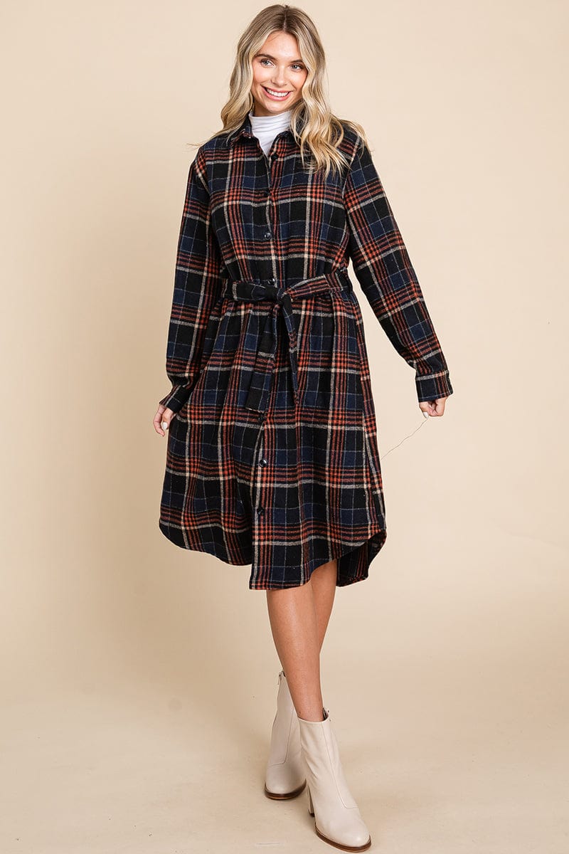 Belted Plaid and Houndstooth Shacket Shirt Dress