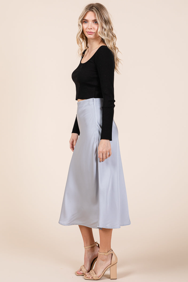High Waist Satin A line Midi Skirt
