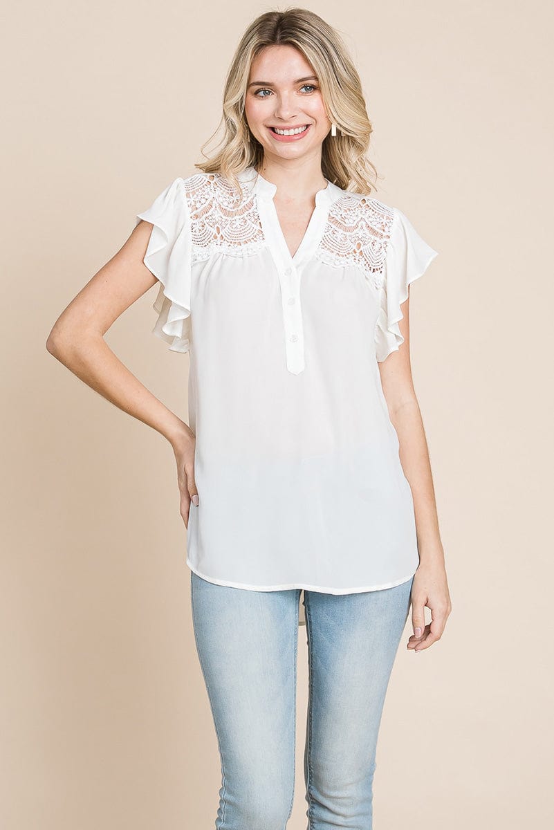 Crochet Detail Flutter Short Sleeve Blouse Tops